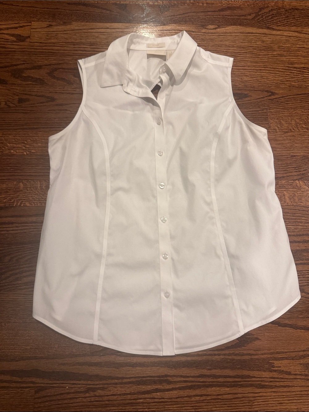 Chico’s No-Iron Sleeveless White Button Down Shirt with Cut-Out, Size Medium